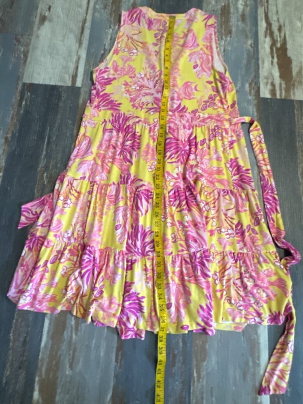 Lilly Pulitzer Folly Floral Wrap Dress Womens Large Yellow Pink Soft Knit Ruffle - Picture 8 of 10